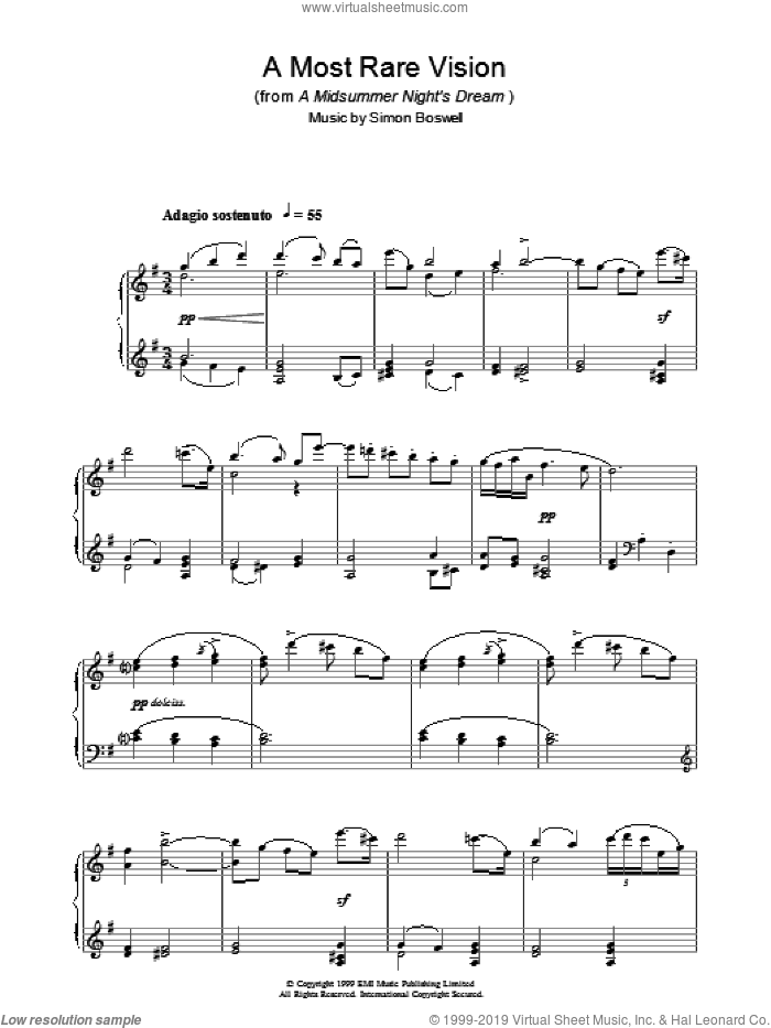 A Most Rare Vision (from A Midsummer's Night's Dream) sheet music for piano solo by Simon Boswell, intermediate skill level