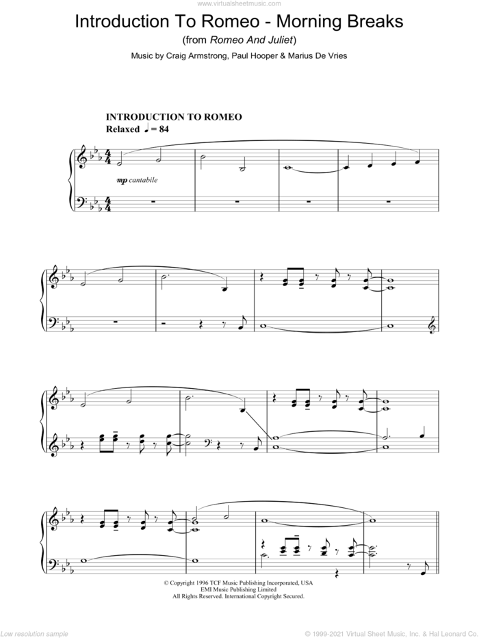 Introduction To Romeo - Morning Breaks (from Romeo And Juliet) sheet music for piano solo by Craig Armstrong, Marius De Vries and Paul Hooper, intermediate skill level