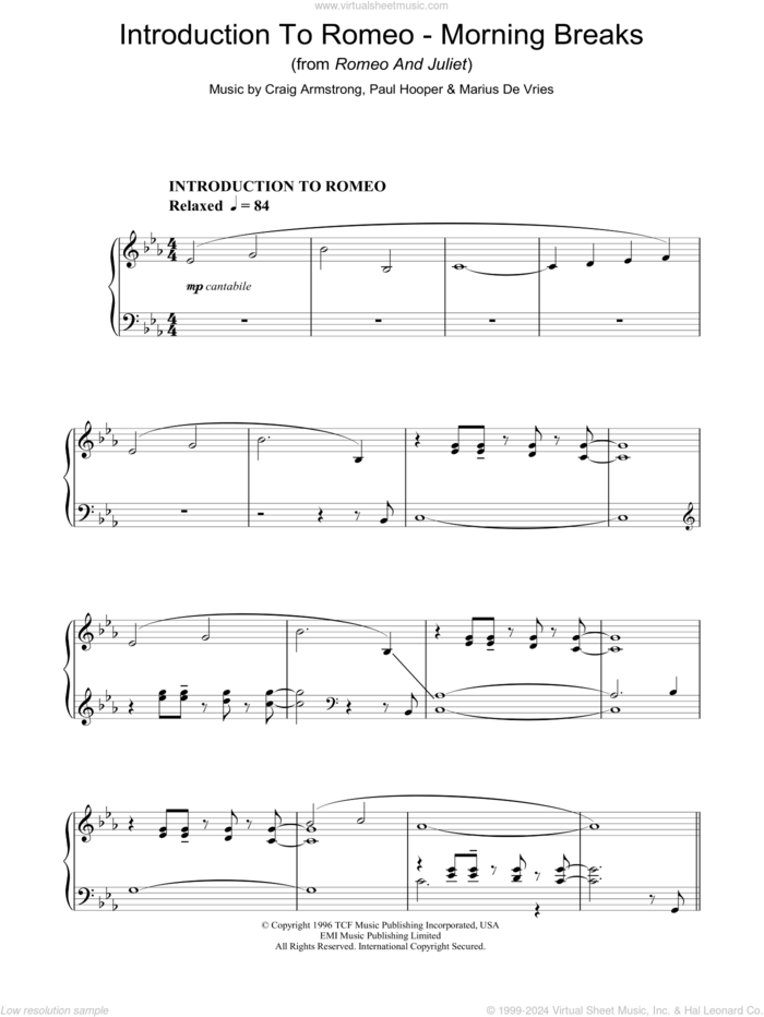 Introduction To Romeo - Morning Breaks (from Romeo And Juliet) sheet music for piano solo by Craig Armstrong, Marius De Vries and Paul Hooper, intermediate skill level