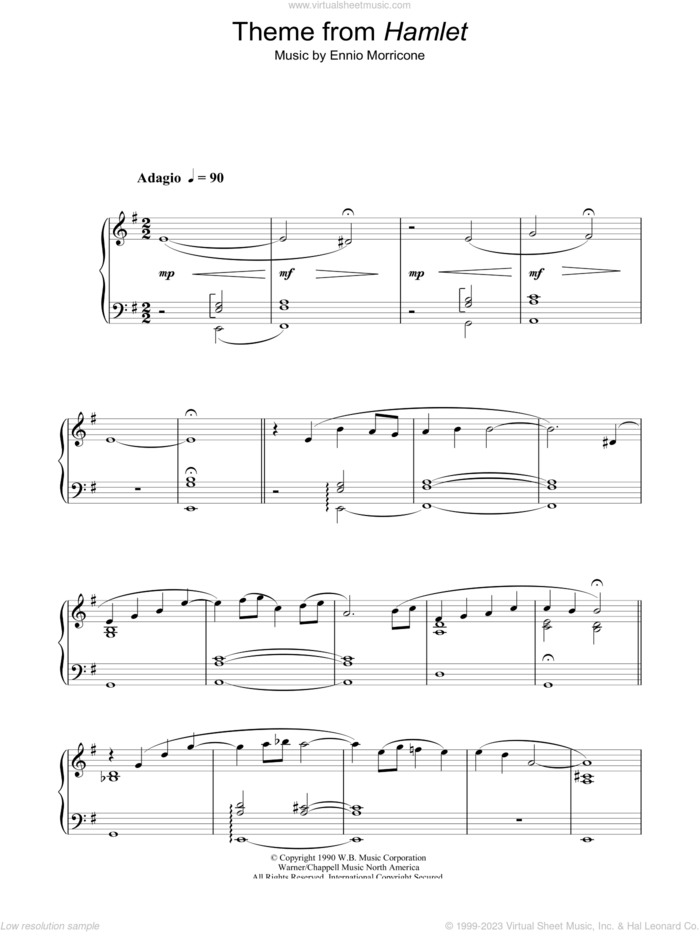 Theme from Hamlet sheet music for piano solo by Ennio Morricone, intermediate skill level