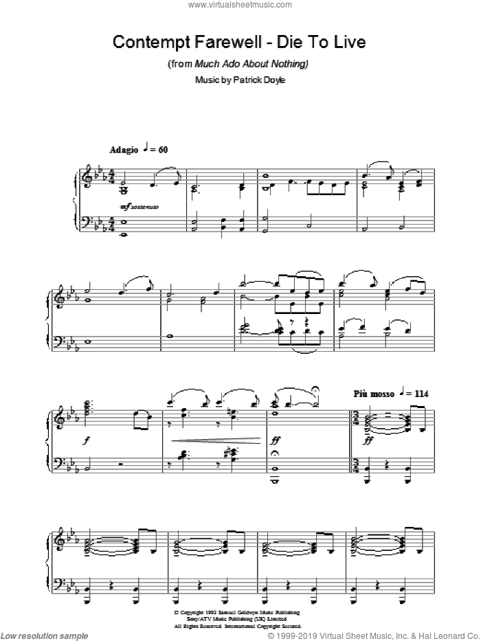 Contempt Farewell - Die To Live (from Much Ado About Nothing) sheet music for piano solo by Patrick Doyle, intermediate skill level