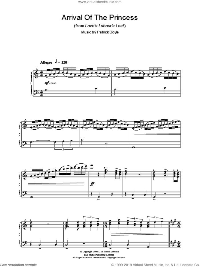 Arrival Of The Princess (from Love's Labour's Lost) sheet music for piano solo by Patrick Doyle, intermediate skill level