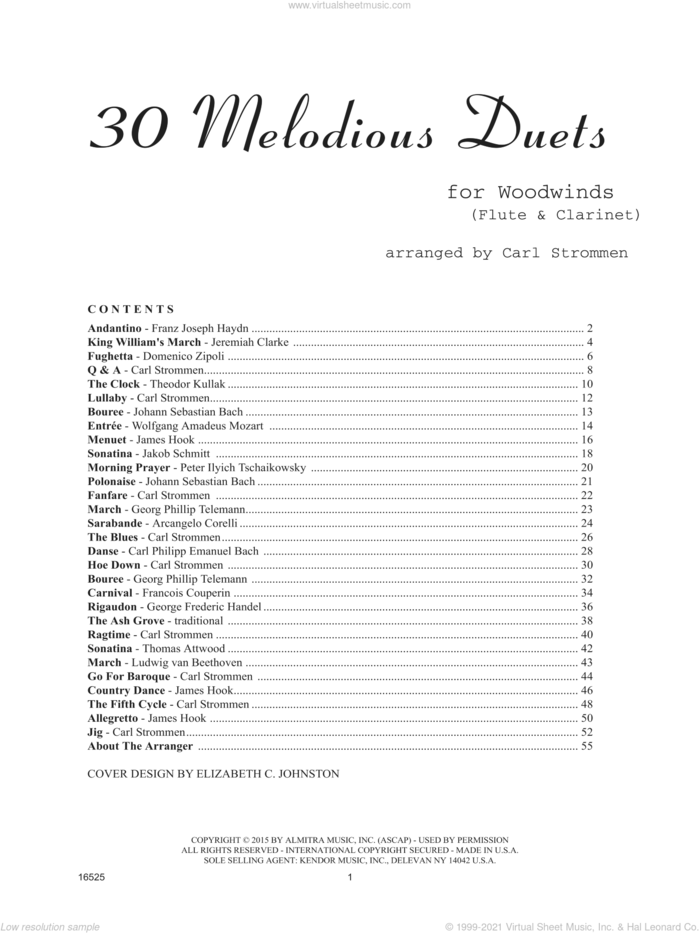 30 Melodious Duets sheet music for flute and clarinet by Carl Strommen, intermediate skill level