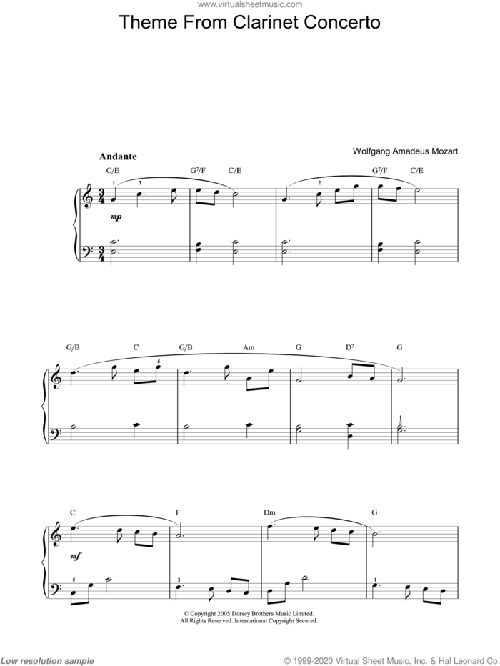 Slow Movement Theme from Clarinet Concerto sheet music for voice, piano or guitar by Wolfgang Amadeus Mozart, classical score, intermediate skill level