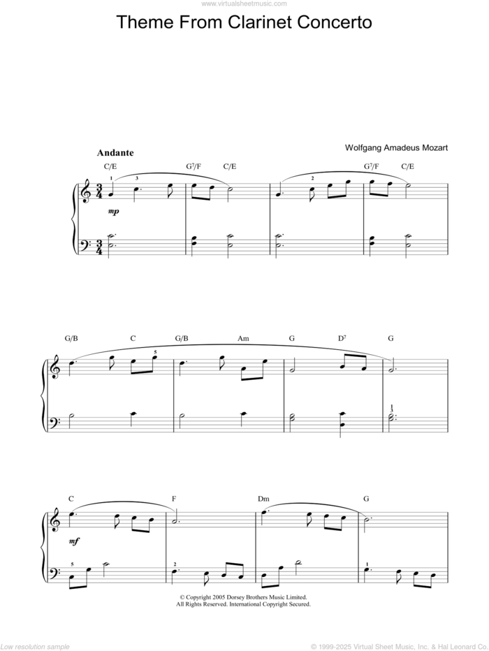 Slow Movement Theme from Clarinet Concerto sheet music for voice, piano or guitar by Wolfgang Amadeus Mozart, classical score, intermediate skill level