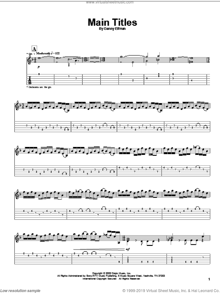 Main Titles sheet music for guitar (tablature) by Danny Elfman and Spider-Man (Movie), intermediate skill level
