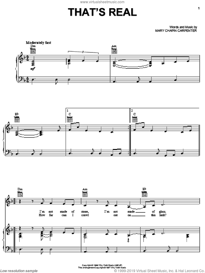 That's Real sheet music for voice, piano or guitar by Mary Chapin Carpenter, intermediate skill level