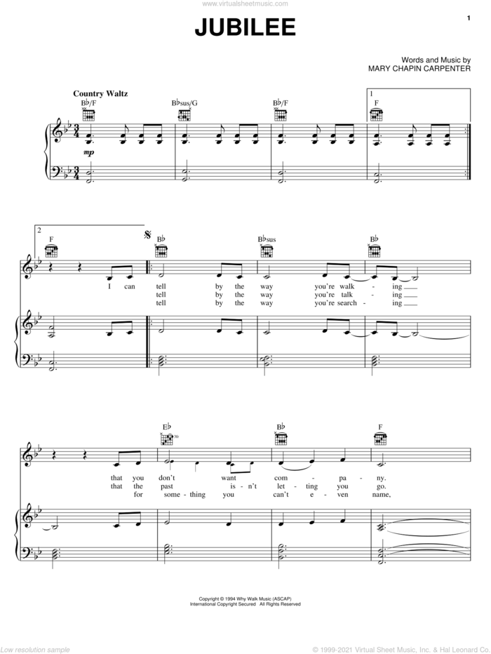 Jubilee sheet music for voice, piano or guitar by Mary Chapin Carpenter, intermediate skill level