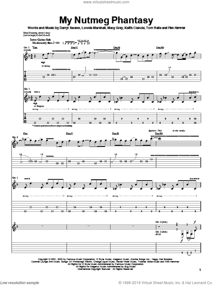 My Nutmeg Phantasy sheet music for guitar (tablature) by Macy Gray, Spider-Man (Movie), Darryl Swann, Finn Hammer and Keith Ciancia, intermediate skill level