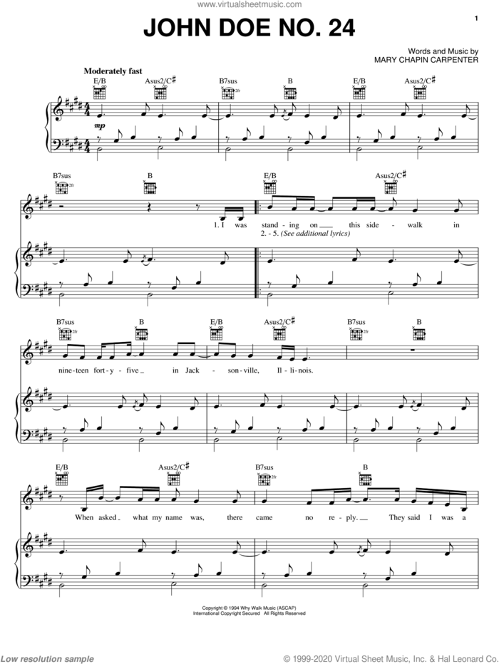 John Doe No. 24 sheet music for voice, piano or guitar by Mary Chapin Carpenter, intermediate skill level