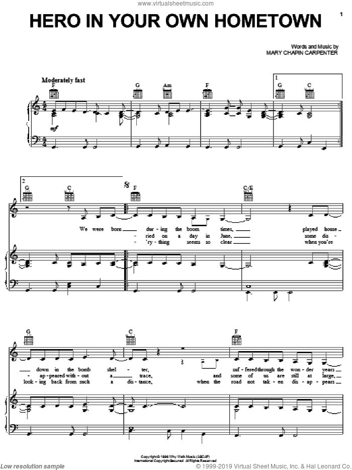 Hero In Your Own Hometown sheet music for voice, piano or guitar by Mary Chapin Carpenter, intermediate skill level