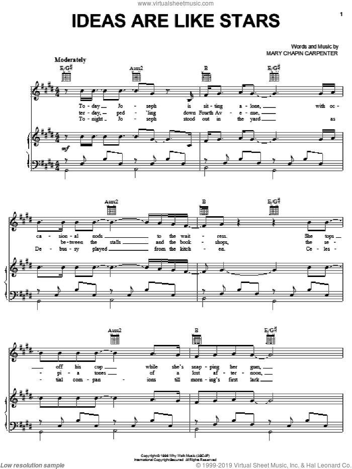 Ideas Are Like Stars sheet music for voice, piano or guitar by Mary Chapin Carpenter, intermediate skill level