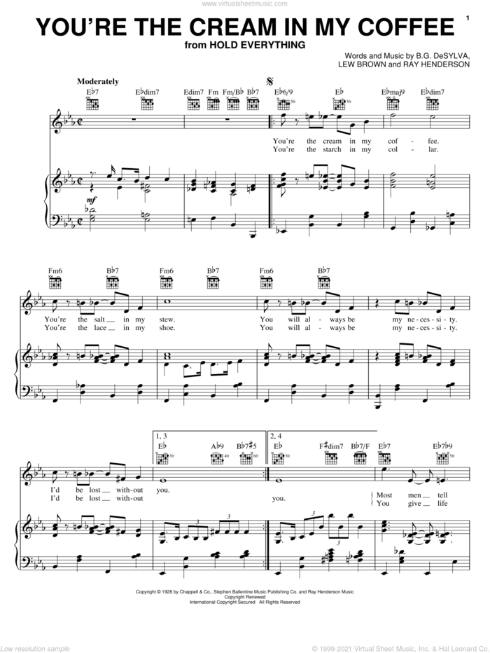 You're The Cream In My Coffee sheet music for voice, piano or guitar by Nat King Cole, Buddy DeSylva, Lew Brown and Ray Henderson, intermediate skill level