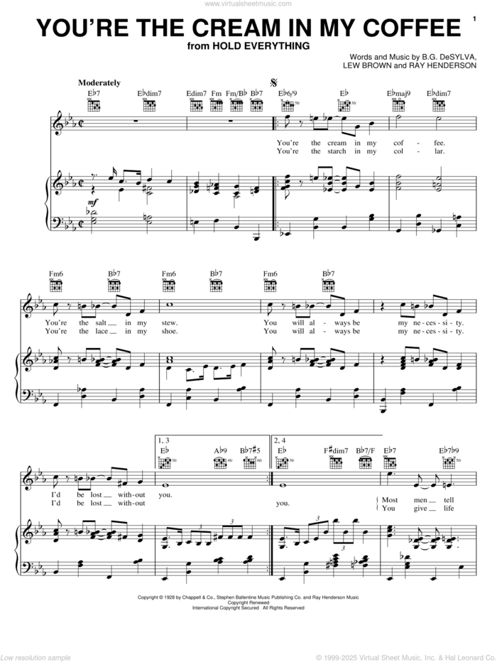 You're The Cream In My Coffee sheet music for voice, piano or guitar by Nat King Cole, Buddy DeSylva, Lew Brown and Ray Henderson, intermediate skill level