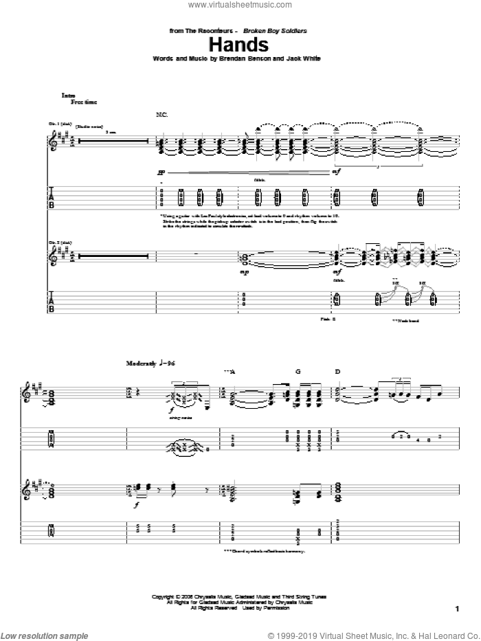 Hands sheet music for guitar (tablature) by The Raconteurs, Brendan Benson and Jack White, intermediate skill level