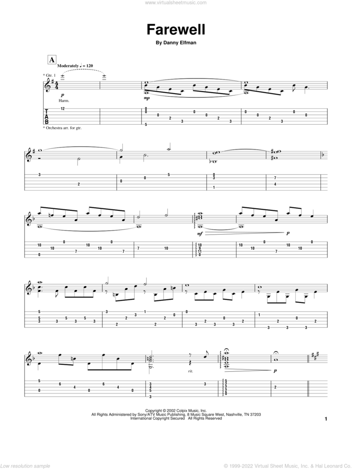 Farewell sheet music for guitar (tablature) by Danny Elfman and Spider-Man (Movie), intermediate skill level