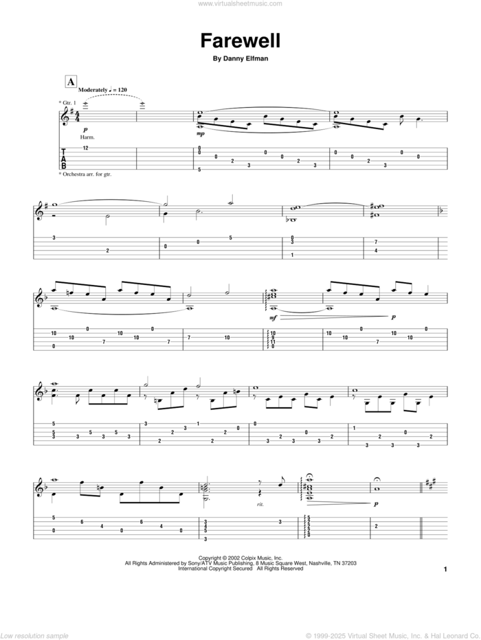 Farewell sheet music for guitar (tablature) by Danny Elfman and Spider-Man (Movie), intermediate skill level