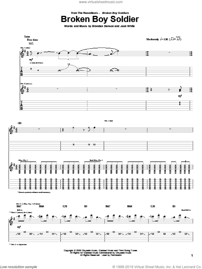 Broken Boy Soldier sheet music for guitar (tablature) by The Raconteurs, Brendan Benson and Jack White, intermediate skill level