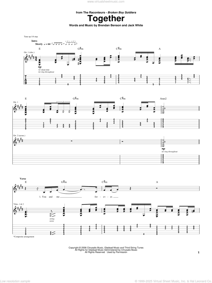 Together sheet music for guitar (tablature) by The Raconteurs, Brendan Benson and Jack White, intermediate skill level