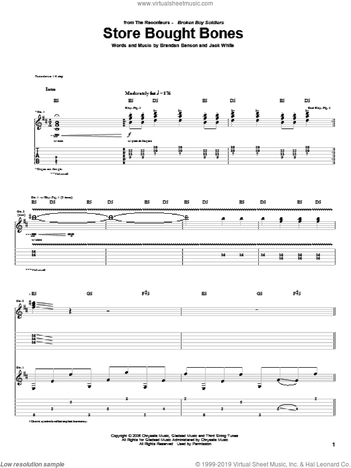 Store Bought Bones sheet music for guitar (tablature) by The Raconteurs, Brendan Benson and Jack White, intermediate skill level