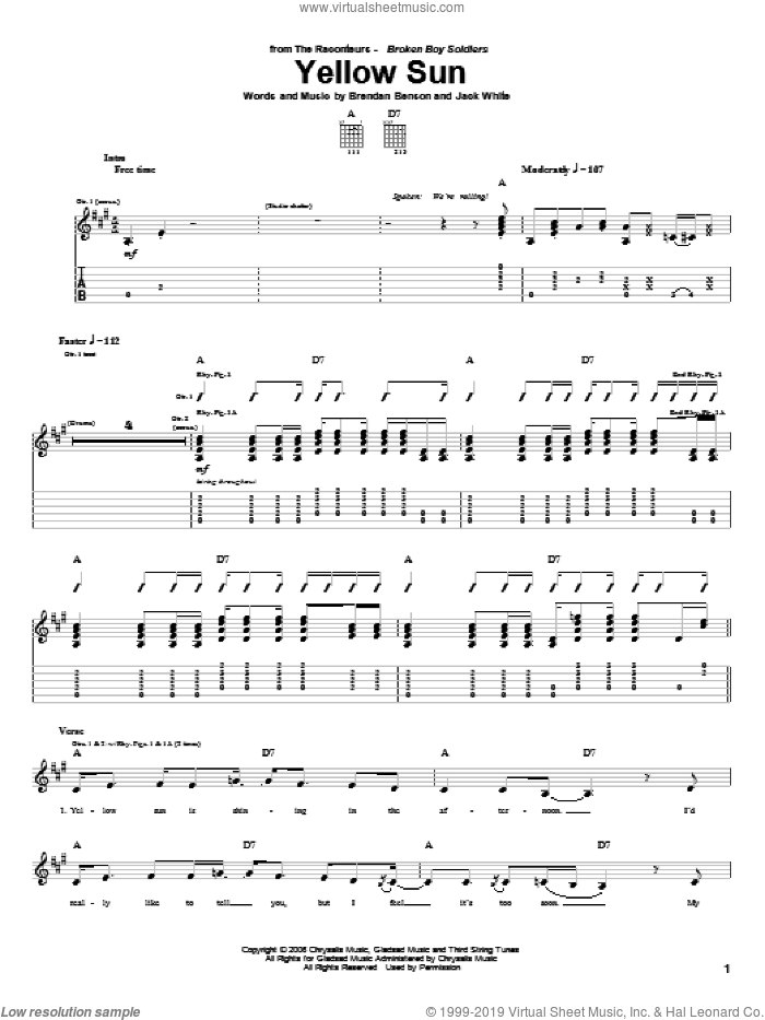 Yellow Sun sheet music for guitar (tablature) by The Raconteurs, Brendan Benson and Jack White, intermediate skill level