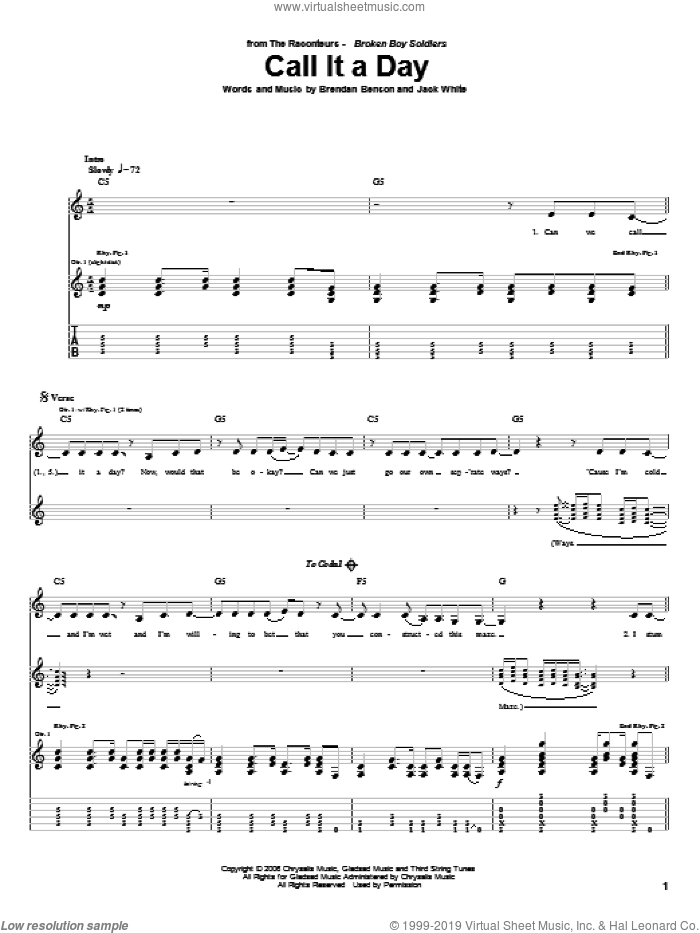 Call It A Day sheet music for guitar (tablature) by The Raconteurs, Brendan Benson and Jack White, intermediate skill level