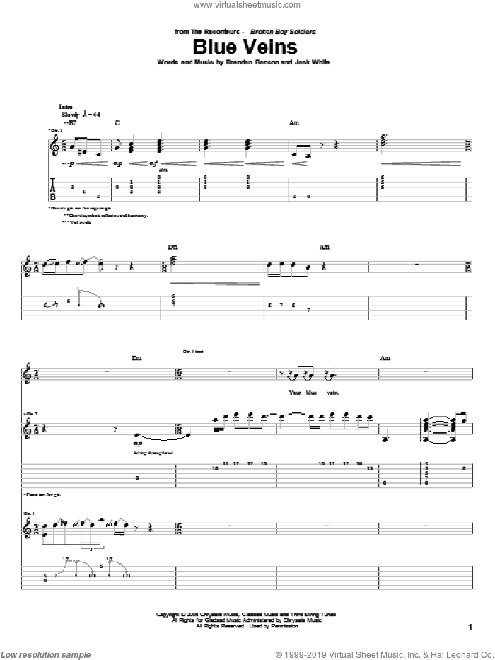 Blue Veins sheet music for guitar (tablature) by The Raconteurs, Brendan Benson and Jack White, intermediate skill level