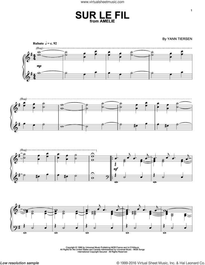 Sur Le Fil sheet music for piano solo by Yann Tierson and Yann Tiersen, intermediate skill level