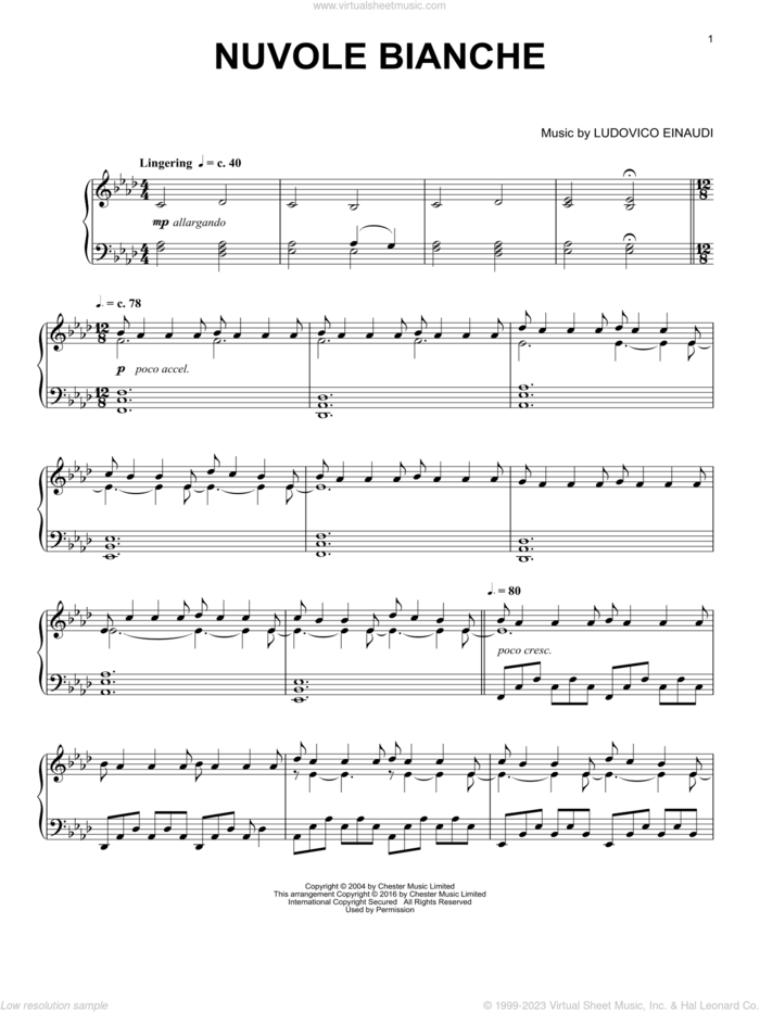 Nuvole Bianche, (intermediate) sheet music for piano solo by Ludovico Einaudi, intermediate skill level