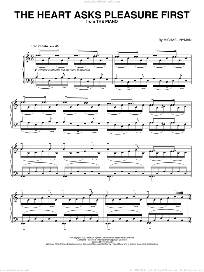 The Heart Asks Pleasure First sheet music for piano solo by Michael Nyman, intermediate skill level