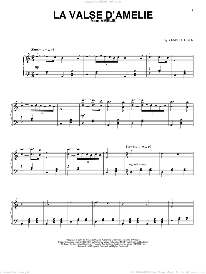 La Valse D'Amelie sheet music for piano solo by Yann Tiersen, classical score, intermediate skill level