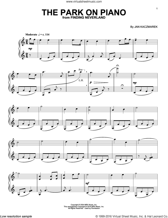 The Park On Piano (from Finding Neverland) sheet music for piano solo by Jan A.P. Kaczmarek, intermediate skill level