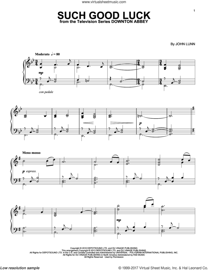 Such Good Luck (from Downton Abbey) sheet music for piano solo by John Lunn, intermediate skill level