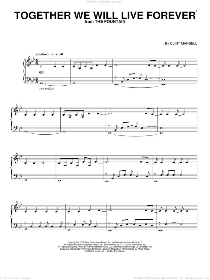 Together We Will Live Forever (from The Fountain), (intermediate) sheet music for piano solo by Clint Mansell, intermediate skill level