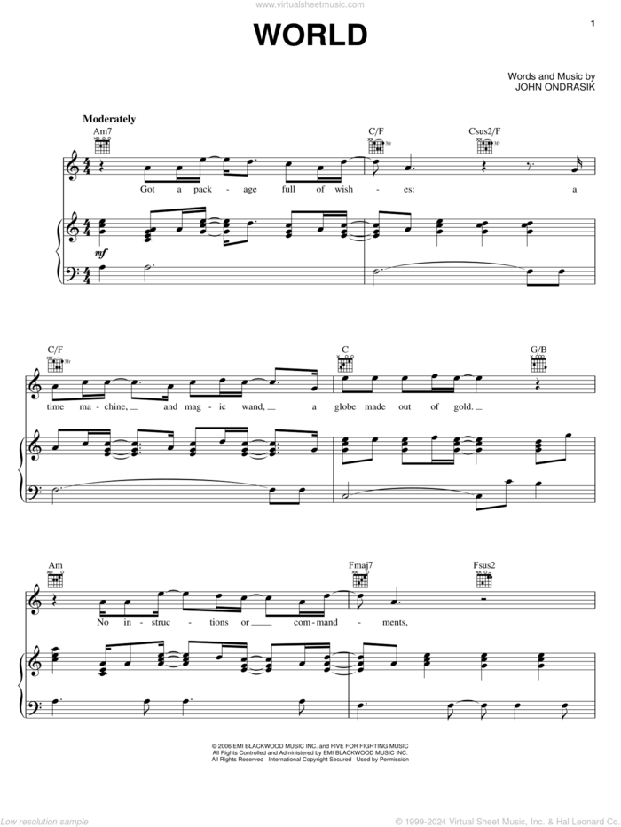 World sheet music for voice, piano or guitar by Five For Fighting and John Ondrasik, intermediate skill level