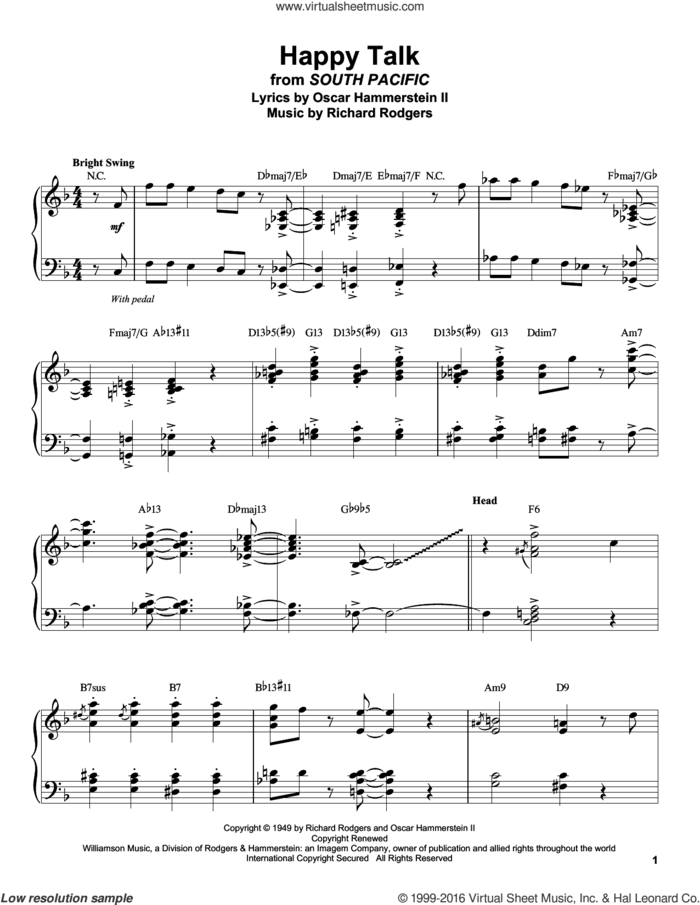 Happy Talk sheet music for piano solo (transcription) by Rodgers & Hammerstein, Oscar II Hammerstein and Richard Rodgers, intermediate piano (transcription)