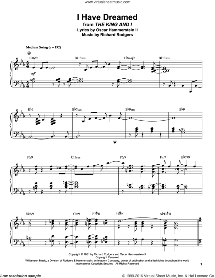 I Have Dreamed sheet music for piano solo (transcription) by Rodgers & Hammerstein, Oscar II Hammerstein and Richard Rodgers, intermediate piano (transcription)