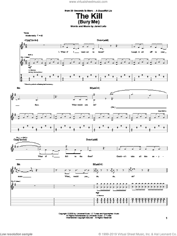 The Kill (Bury Me) sheet music for guitar (tablature) by 30 Seconds To Mars and Jared Leto, intermediate skill level