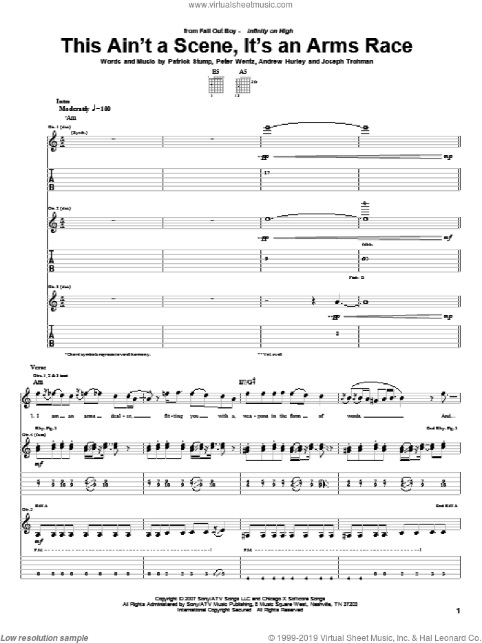 This Ain't A Scene, It's An Arms Race sheet music for guitar (tablature) by Fall Out Boy, Andrew Hurley, Joseph Trohman, Patrick Stump and Peter Wentz, intermediate skill level