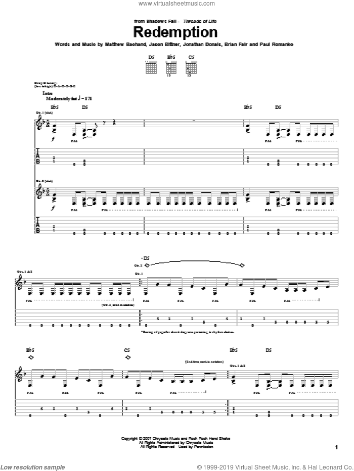 Redemption sheet music for guitar (tablature) by Shadows Fall, Brian Fair, Jason Bittner, Jonathan Donais, Matthew Bachand and Paul Romanko, intermediate skill level