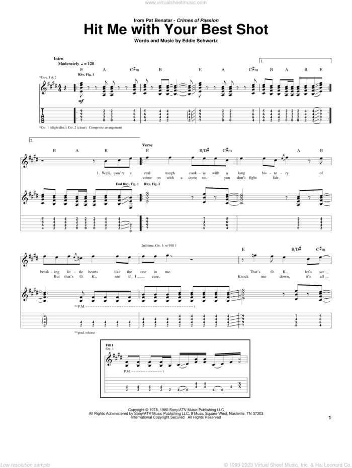 Hit Me With Your Best Shot sheet music for guitar (tablature) by Pat Benatar and Eddie Schwartz, intermediate skill level
