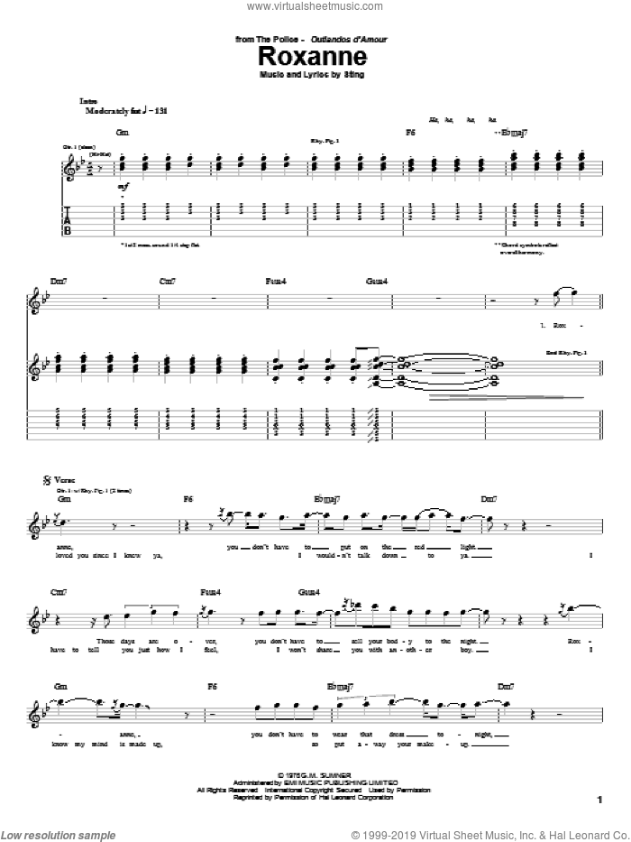 Roxanne sheet music for guitar (tablature) by The Police and Sting, intermediate skill level