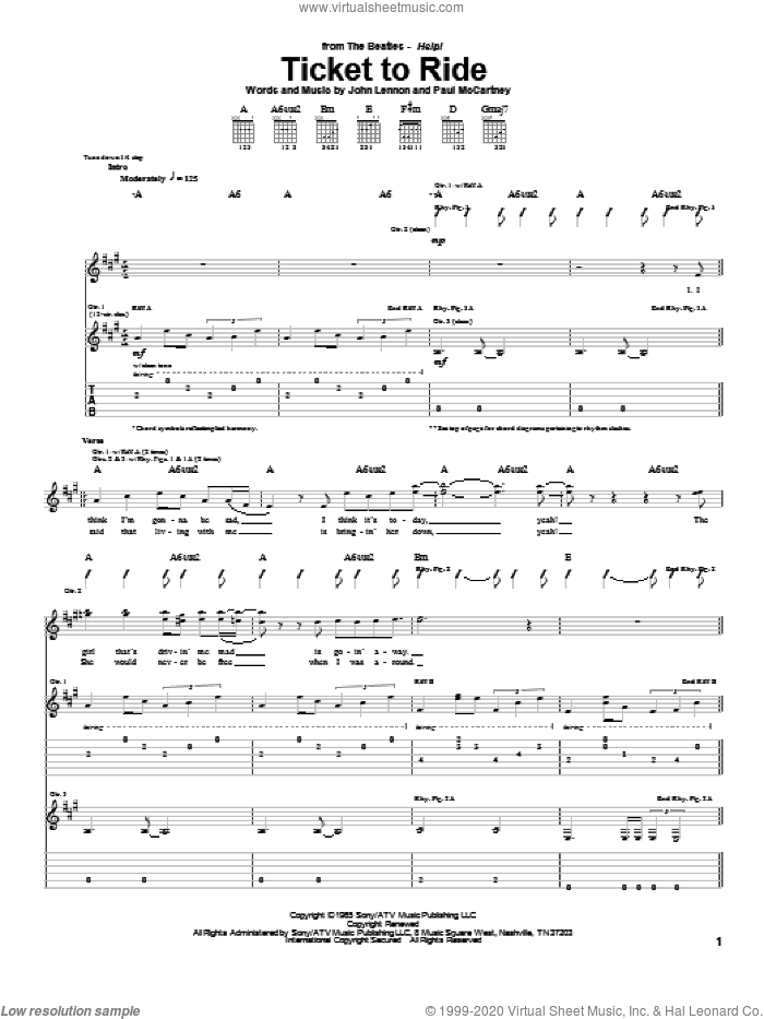 Ticket To Ride sheet music for guitar (tablature) by The Beatles, John Lennon and Paul McCartney, intermediate skill level