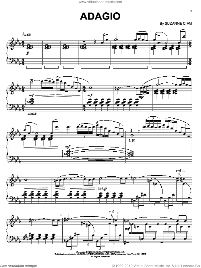 Adagio sheet music for piano solo by Suzanne Ciani, intermediate skill level