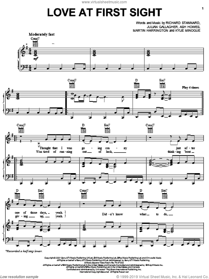 Love At First Sight sheet music for voice, piano or guitar by Kylie Minogue, Ash Howes and Julian Gallagher, intermediate skill level