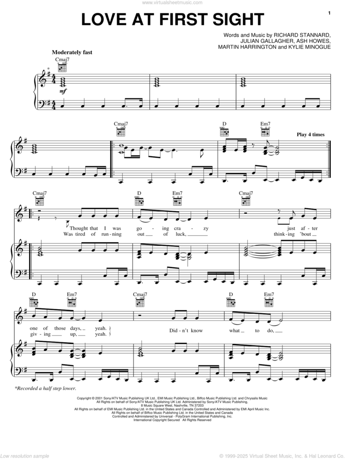 Love At First Sight sheet music for voice, piano or guitar by Kylie Minogue, Ash Howes and Julian Gallagher, intermediate skill level