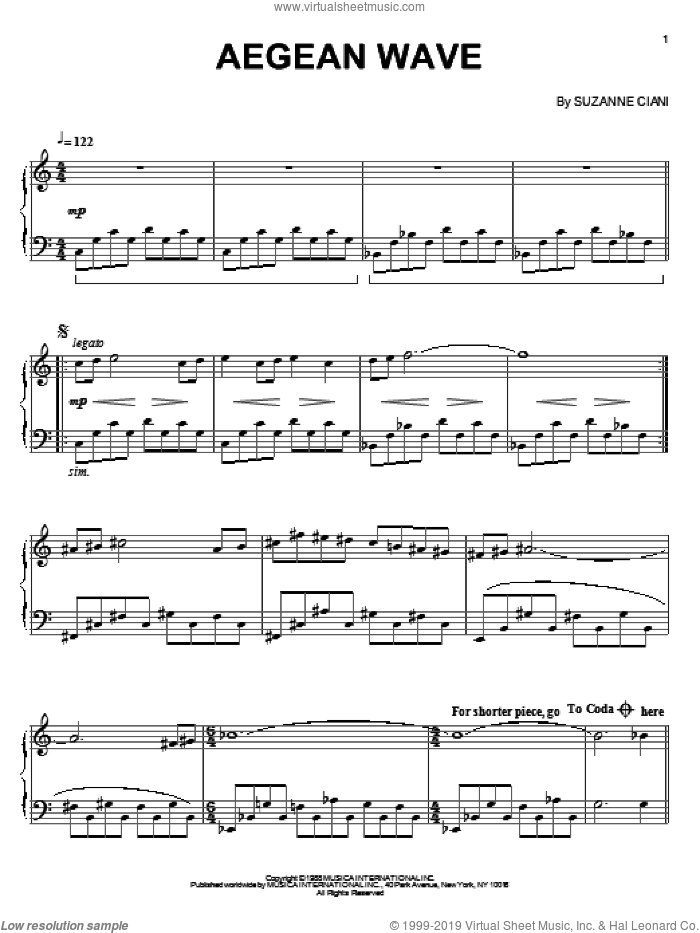 Aegean Wave sheet music for piano solo by Suzanne Ciani, intermediate skill level