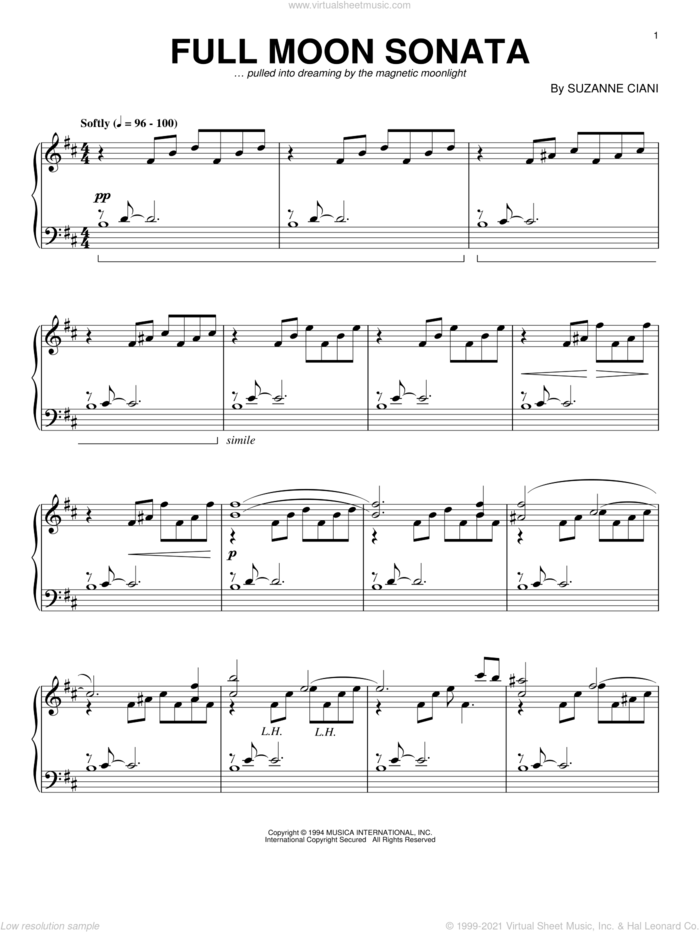 Full Moon Sonata sheet music for piano solo by Suzanne Ciani, intermediate skill level