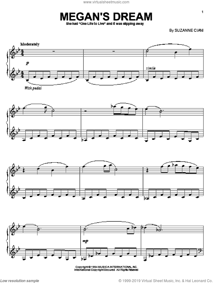 Megan's Dream sheet music for piano solo by Suzanne Ciani, intermediate skill level