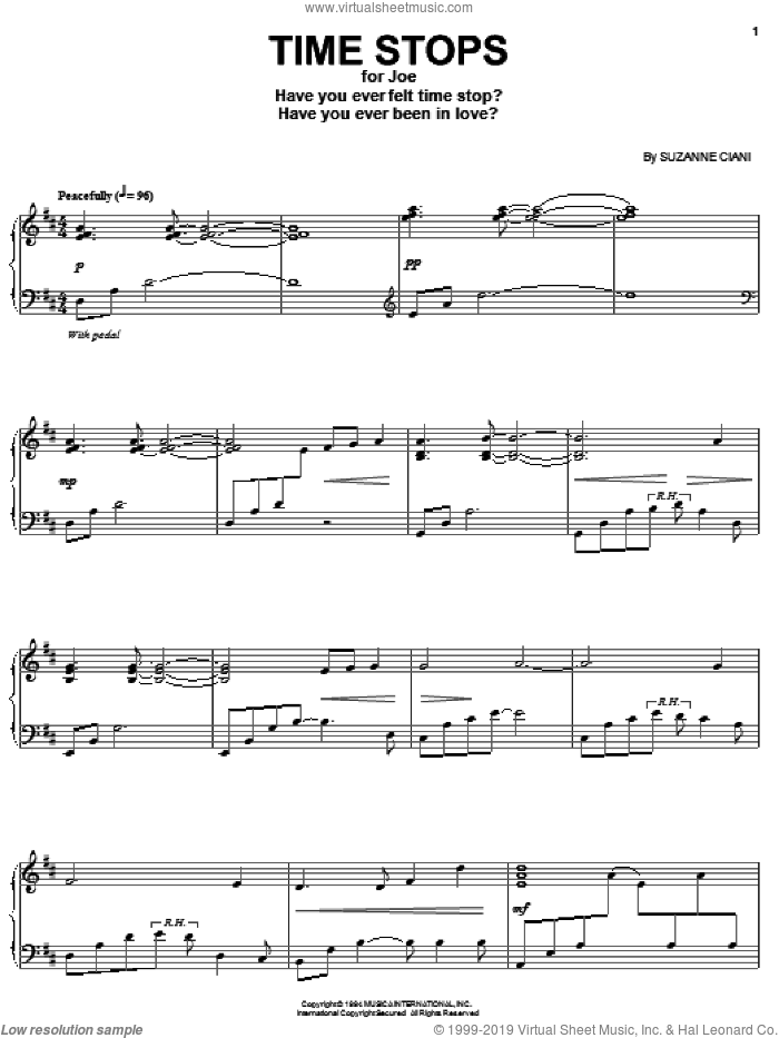 Time Stops sheet music for piano solo by Suzanne Ciani, intermediate skill level